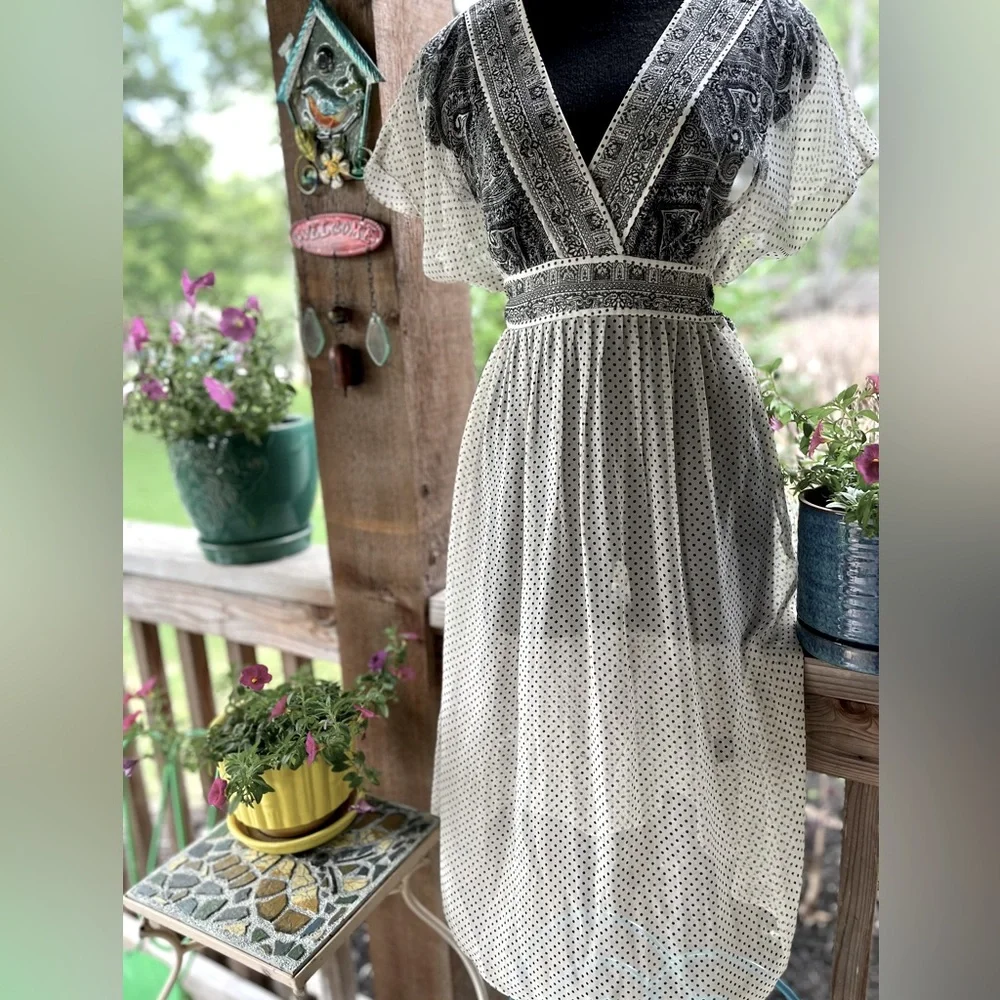 Vintage Adrianna Papell Silk Sheer Ivory & Black Polka Dot Flutter Sleeve Dress - Picture 1 of 12